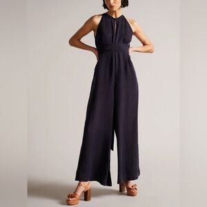 Ted Baker Delvina Halterneck Wide Leg Flowy Wrap Tie Jumpsuit Pocket Dark Navy 4